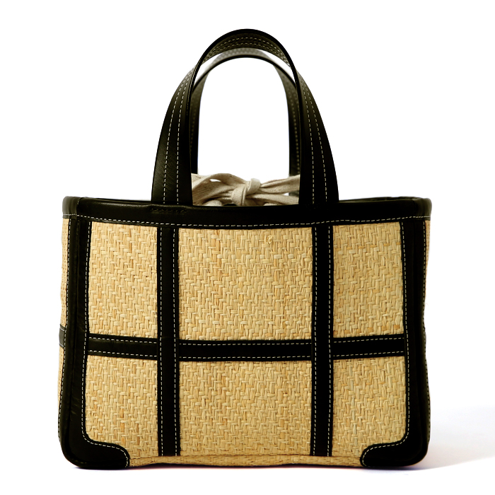 R)Small wide leather-trimmed raffia tote bag/スモールワイドレザー 